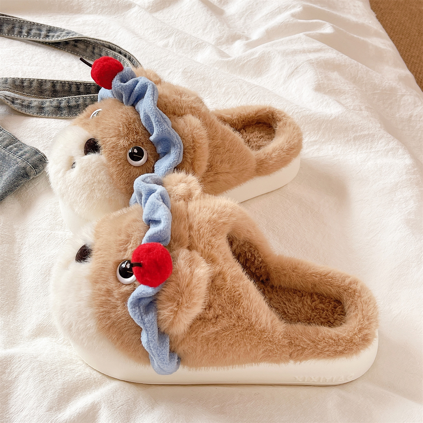 可爱发簪小熊毛毛拖鞋女冬季居家室内防滑厚底毛绒保暖包头棉拖鞋