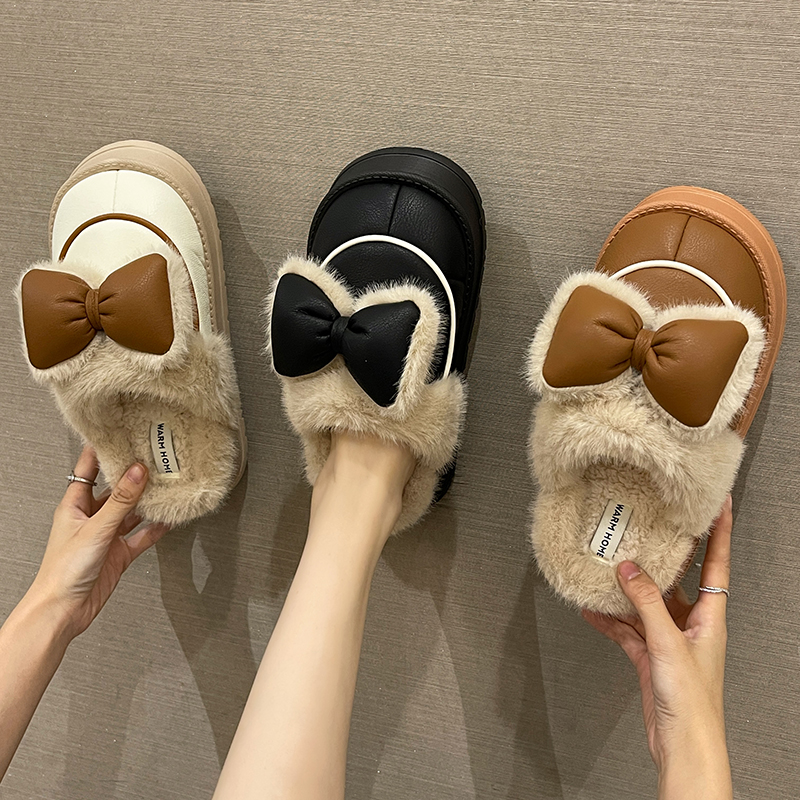防滑防水棉拖鞋女款冬季外穿可爱蝴蝶结加绒保暖室内居家毛毛拖鞋