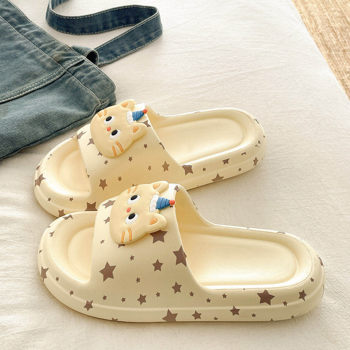 可爱小猫星星印花拖鞋女2026新款夏季外穿防滑学生宿舍厚底凉拖鞋,女鞋,一字拖,淘宝优惠券,粉丝福利购,淘宝优惠卷