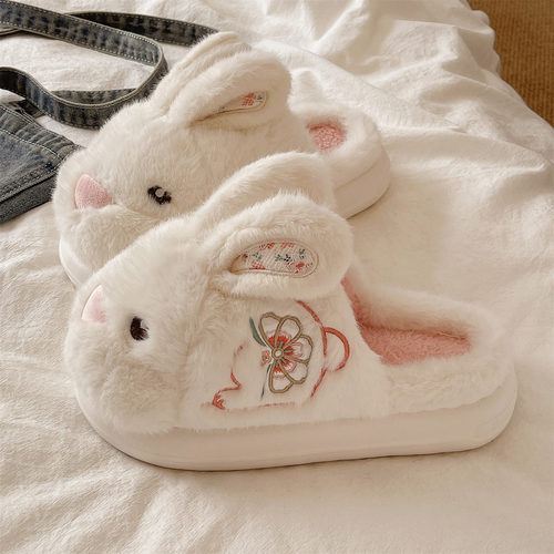 棉拖鞋女冬季外穿可爱花朵兔子刺绣室内居家毛绒保暖包头厚底拖鞋
