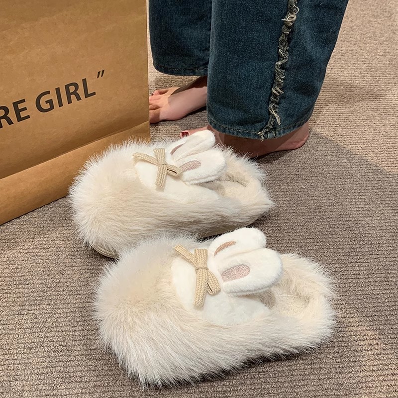 可爱兔耳朵棉拖鞋女2025年冬季新款防滑室内家居保暖毛绒包头拖鞋