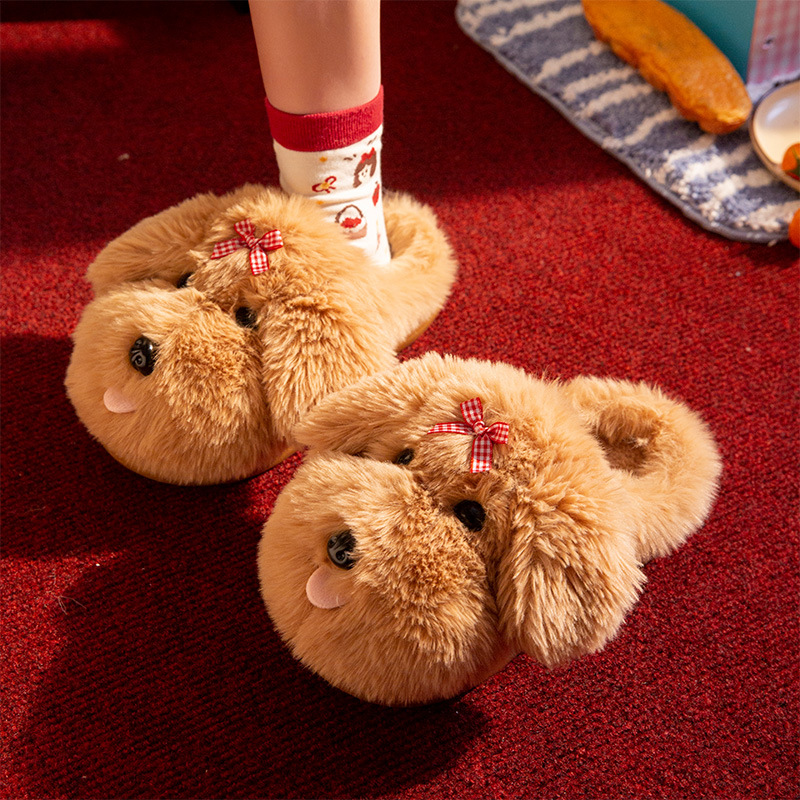可爱卡通小狗毛毛拖鞋女2025冬季新款室内居家保暖毛绒包头棉拖鞋