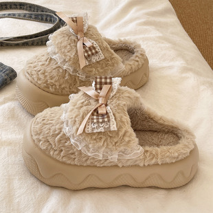 厚底毛毛拖鞋女款冬季可爱蝴蝶结保暖毛绒防滑室内居家包头棉拖鞋