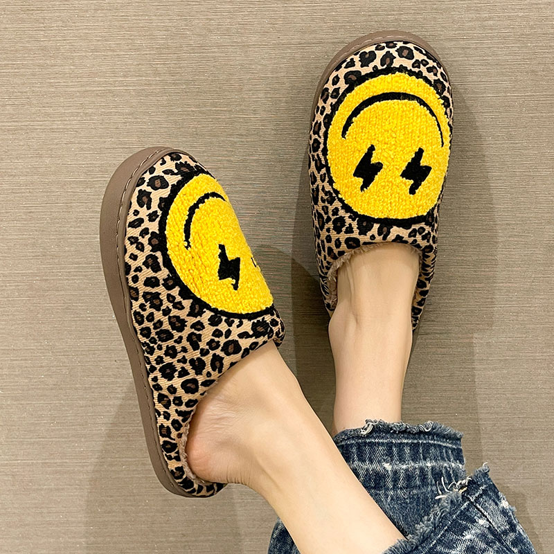 可爱豹纹笑脸棉拖鞋女冬季外穿毛绒保暖室内家居防滑厚底包头拖鞋