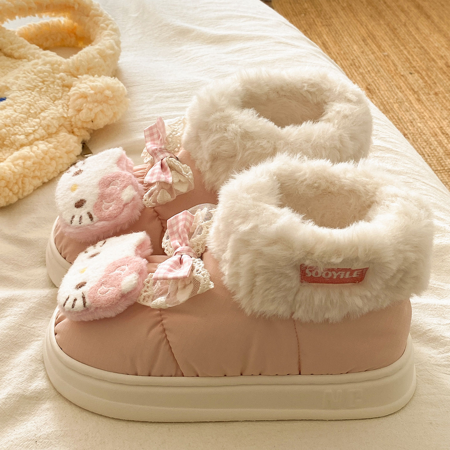 高帮包跟棉拖鞋女冬季室内外穿防滑加绒保暖可爱蝴蝶结小猫雪地靴