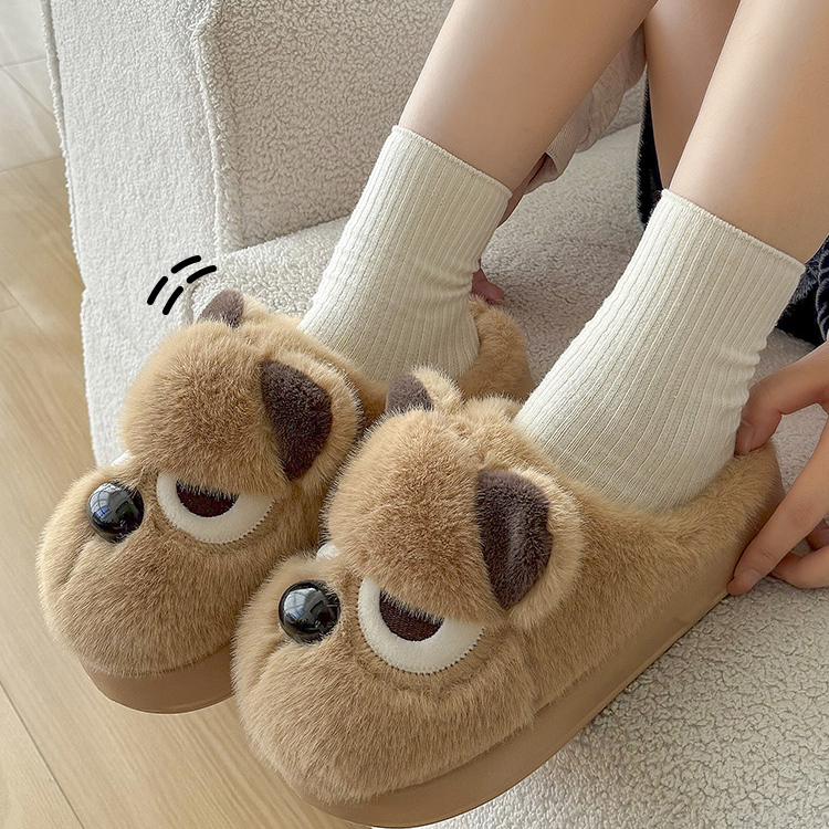 可爱小狗毛毛鞋女冬季卡通室内居家毛绒保暖厚底防滑包头棉拖鞋男
