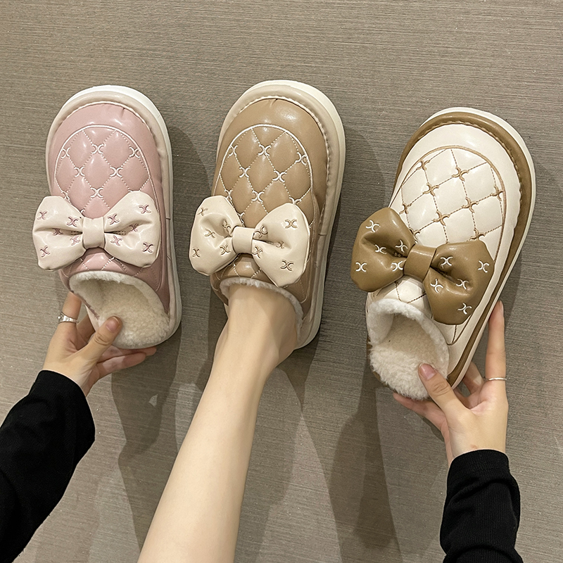 防水棉拖鞋女士冬季居家室内加绒保暖外穿时尚蝴蝶结厚底防滑拖鞋
