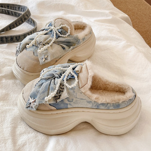 珍珠加绒保暖室内居家厚底增高防滑包头拖鞋 棉拖鞋 时尚 女冬季 新款