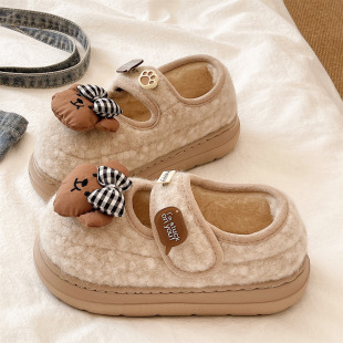 可爱蝴蝶结小熊室内外穿加绒保暖包跟厚底防滑棉鞋 棉拖鞋 女士冬季