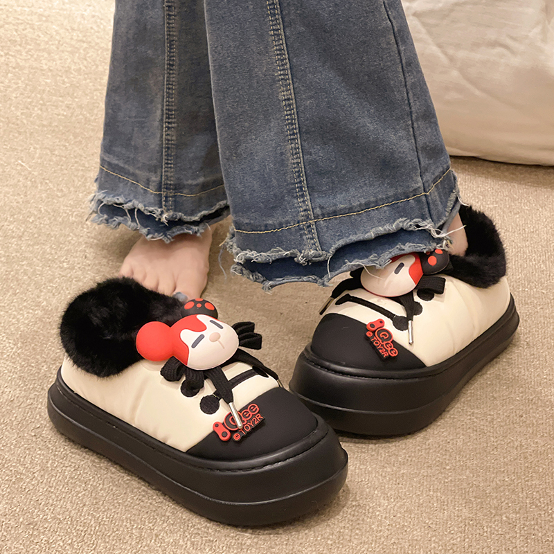 羽绒布防水棉拖鞋女冬季可爱小熊加绒保暖居家可外穿厚底包跟棉鞋
