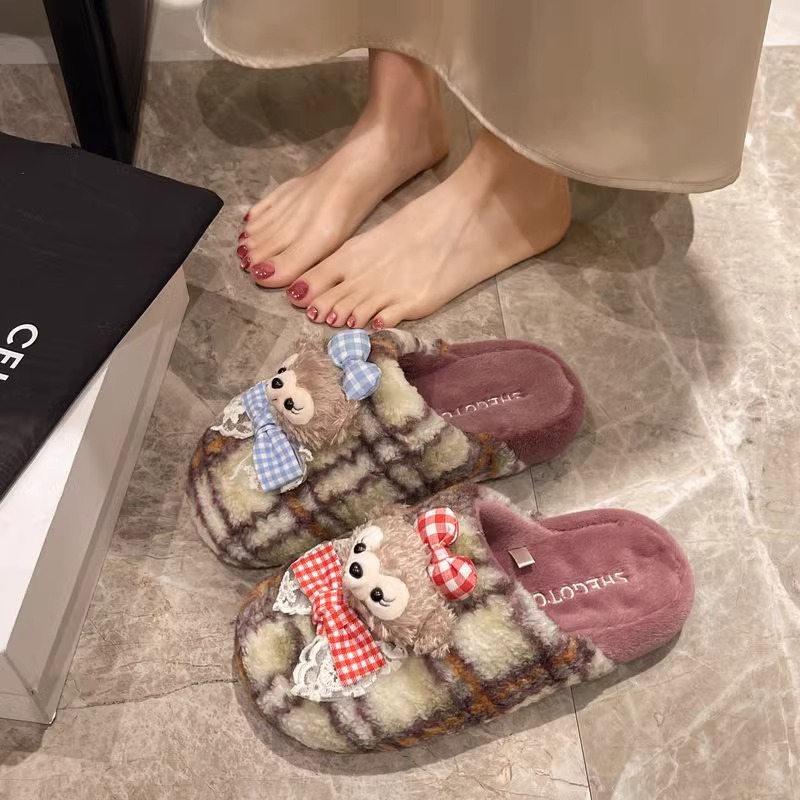 卡通可爱格纹棉拖鞋女冬季室内居家加绒保暖软底防滑包头拖鞋外穿