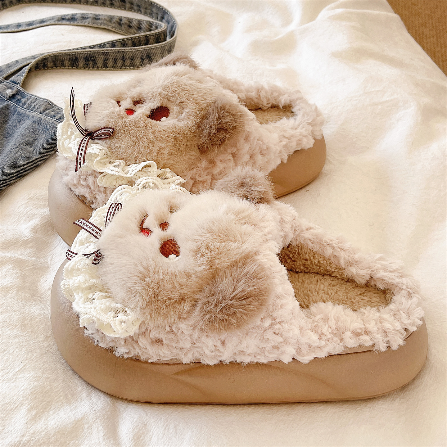 可爱小熊包头棉拖鞋女冬季2025新款居家室内防滑保暖加绒毛毛拖鞋