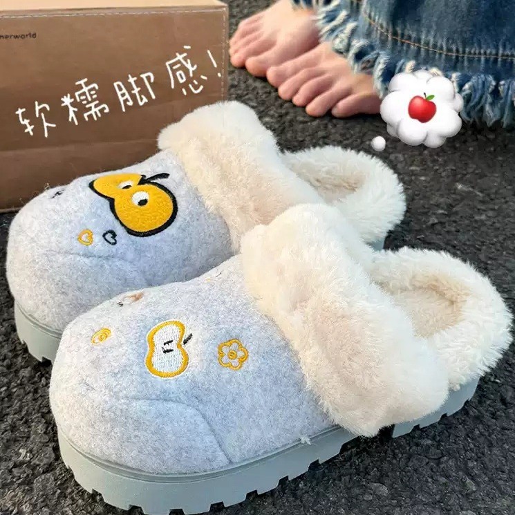 毛毛拖鞋女冬季可爱苹果室内居家加绒保暖增高厚底防滑包头棉拖鞋