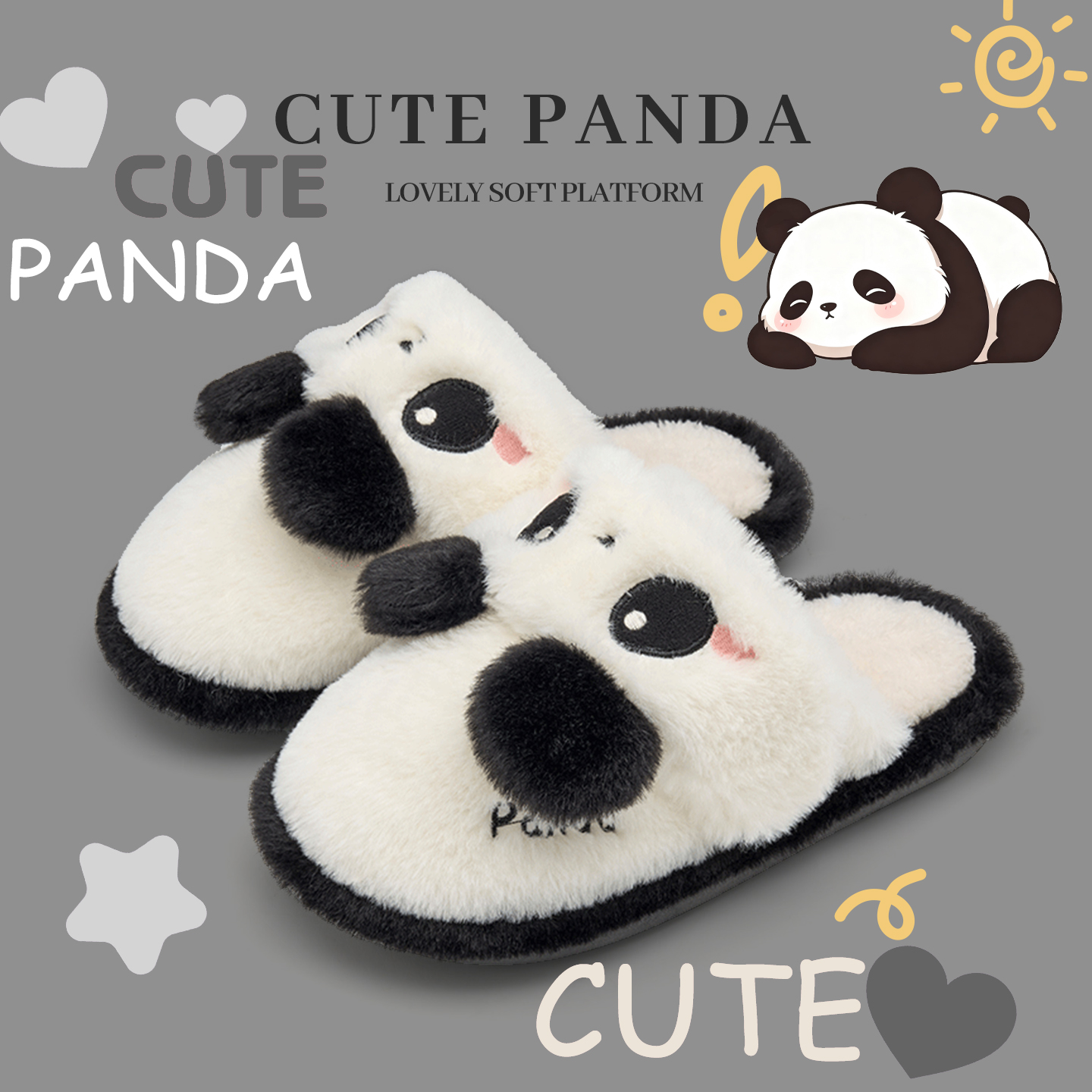 可爱熊猫毛毛拖鞋女冬季2025新款室内家居保暖防滑毛绒包头棉拖鞋