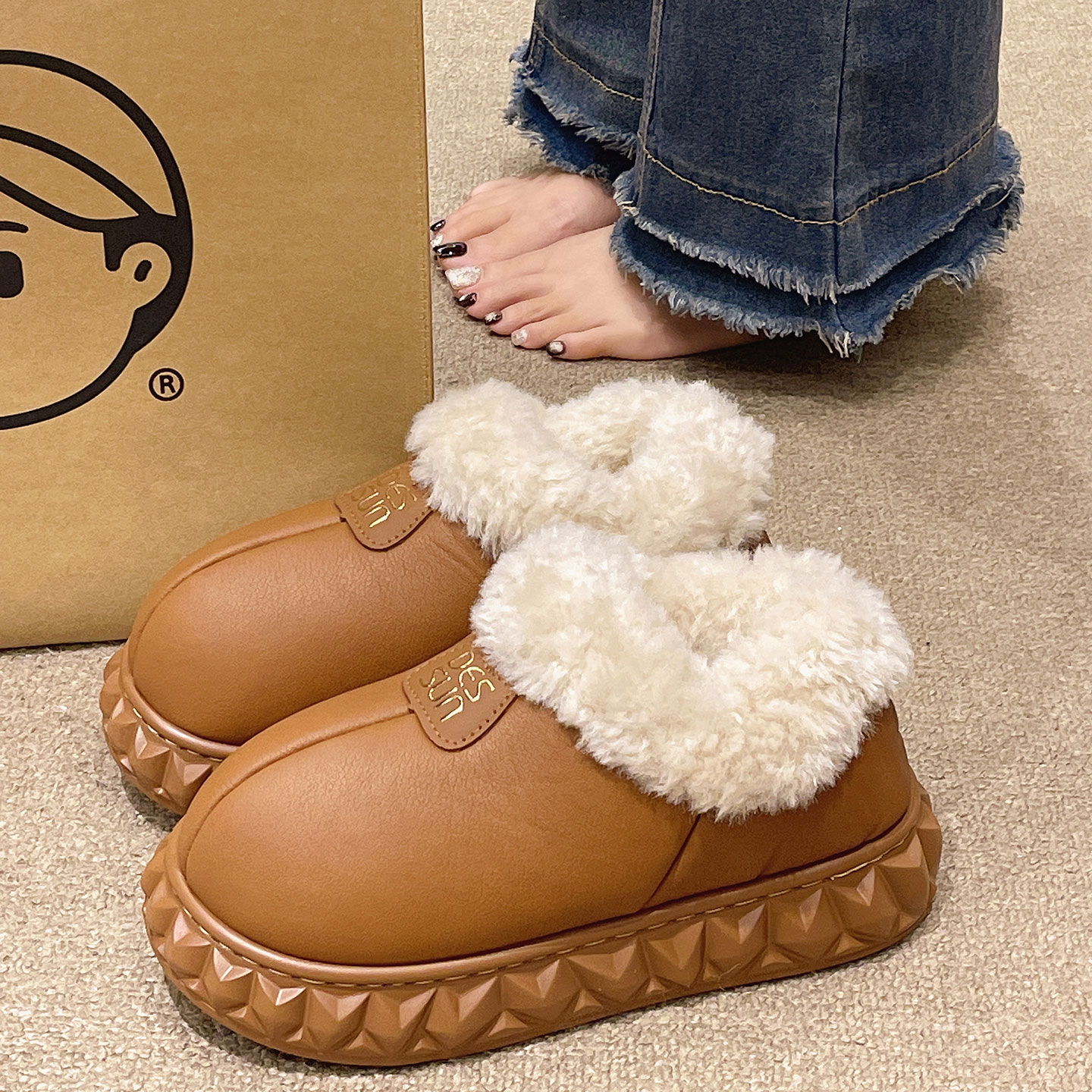 防水棉拖鞋女冬季2025新款加绒保暖舒适厚底防滑居家外穿包跟棉鞋