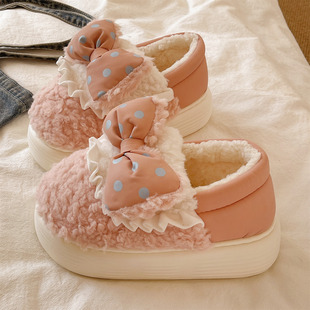 可爱蝴蝶结棉拖鞋女款冬季厚底增高居家外穿加绒保暖包跟月子棉鞋