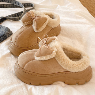 外穿 加绒保暖棉拖鞋 女士冬季 时尚 蝴蝶结室内居家增高厚底包头拖鞋
