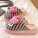 厚底毛毛拖鞋女冬季室内居家防滑可爱爱心条纹毛绒保暖包头棉拖鞋