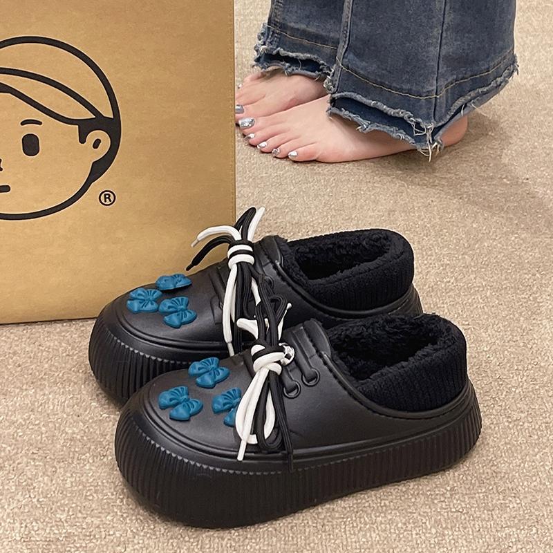 棉拖鞋女冬季2025新款可爱蝴蝶结室内外穿厚底防滑防水包跟棉鞋