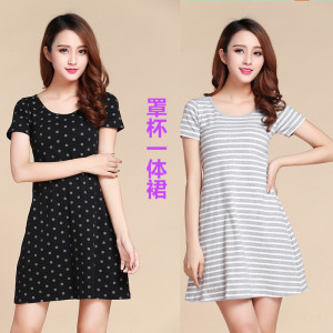 短袖莫代尔纯棉带胸垫罩杯一体免穿文胸睡衣女夏睡裙连衣裙家居服
