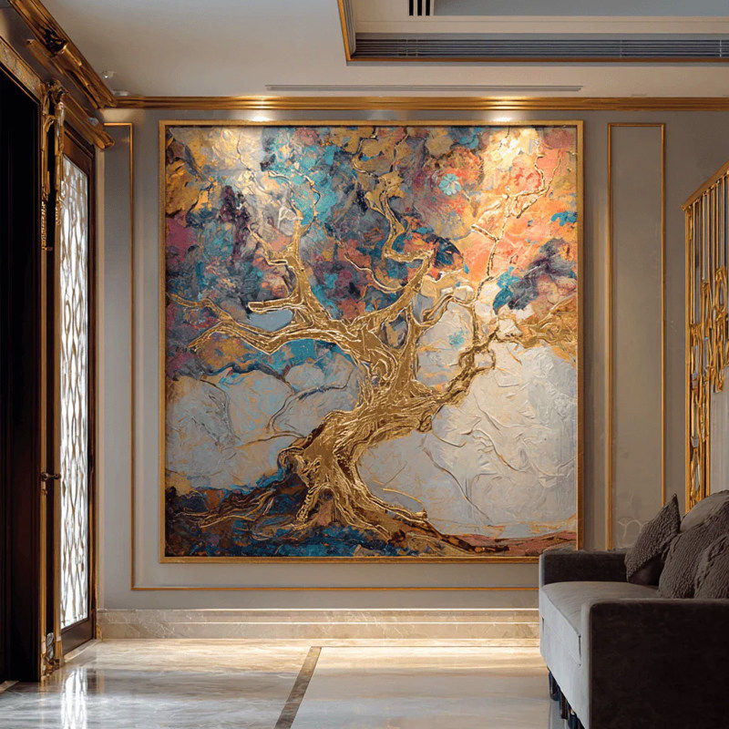 现代轻奢餐厅简约走廊过道客厅墙面挂画《生命之树》手绘抽象油画