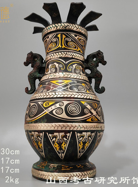 青铜错金银春秋蟠龙纹壶博物馆古玩收藏莲叶方壶错金银款高仿礼品