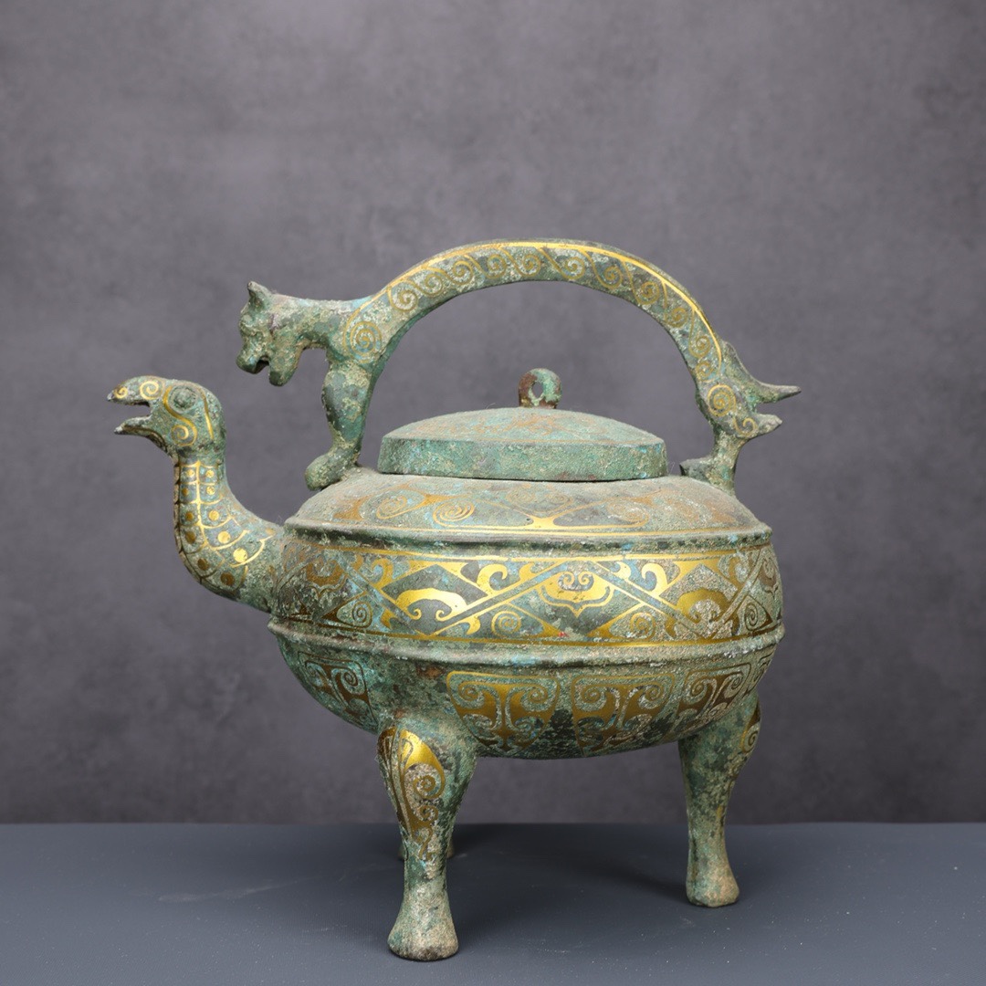 错金商代提梁凤头盉铜祥德工艺博物馆制作家居工艺品摆件高档礼品