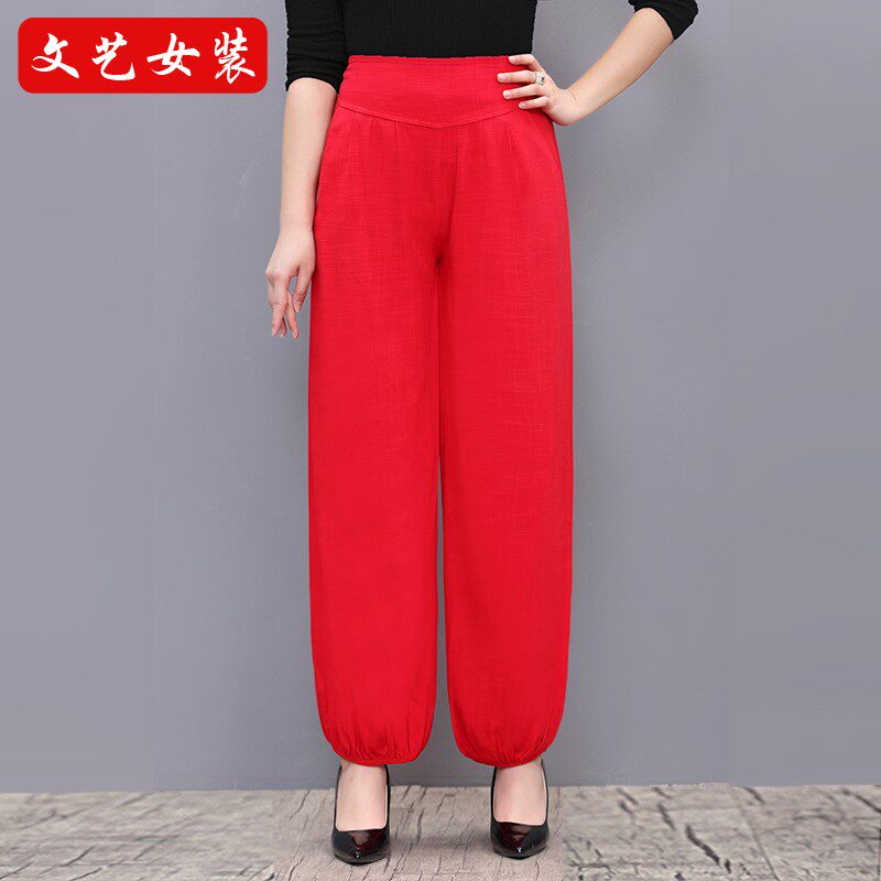 夏装时尚棉麻休闲灯笼女裤民族风纯色中老年妈妈百搭宽松阔腿长裤