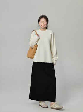 大码黑色丝绒A字高腰长款半身裙