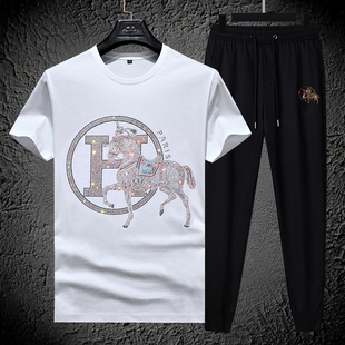 夏季男短袖t恤套装新款冰丝烫钻修身圆领欧货烫钻精神小伙两件套