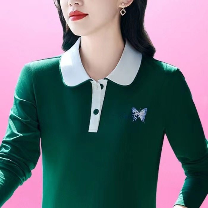 POLO领春季薄款百搭气质打底衫大码洋气条纹显瘦长袖女士翻领