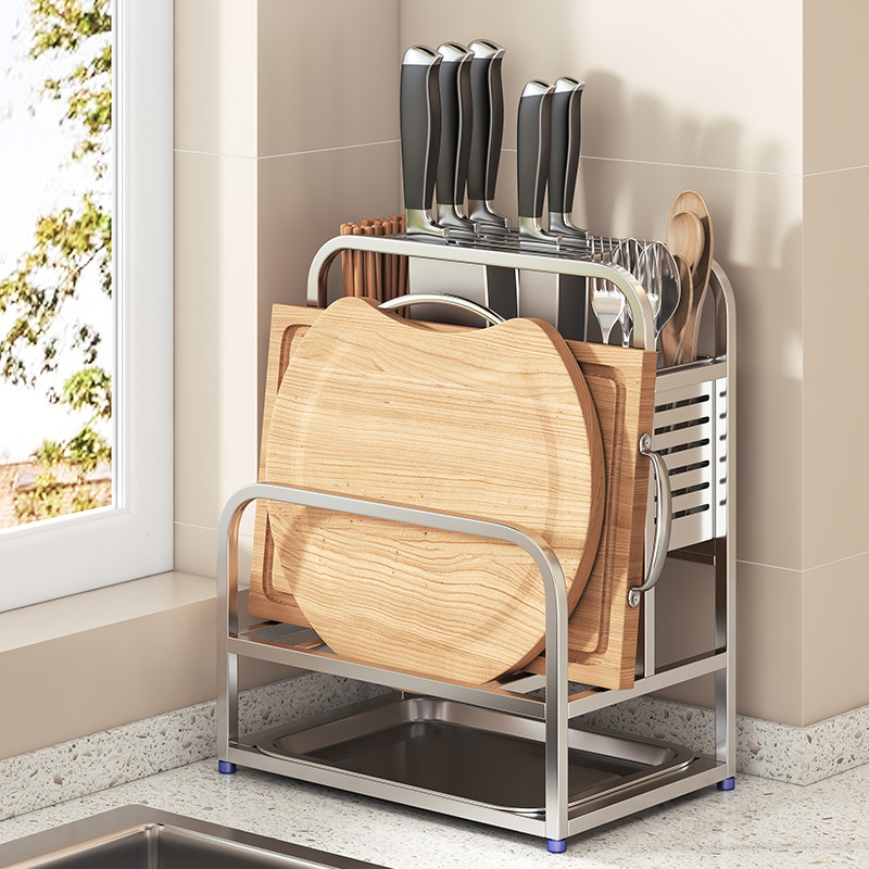 304不锈钢刀架置物架厨房菜板架砧板锅盖筷笼刀具收纳架多功能
