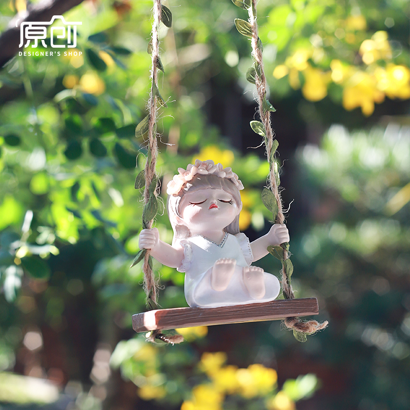 创意可爱卡通少女秋千摆件户外庭院花园树上阳台造景布置装饰挂件