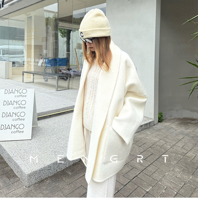 高端澳毛羊驼绒大衣女短款小个子翻领宽松双面呢羊毛白色毛呢外套