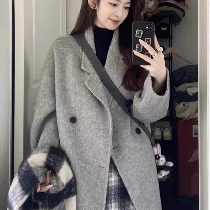 风衣长毛绒羊毛大衣中长款西装款廓形加厚保暖羊绒双面呢外套优质