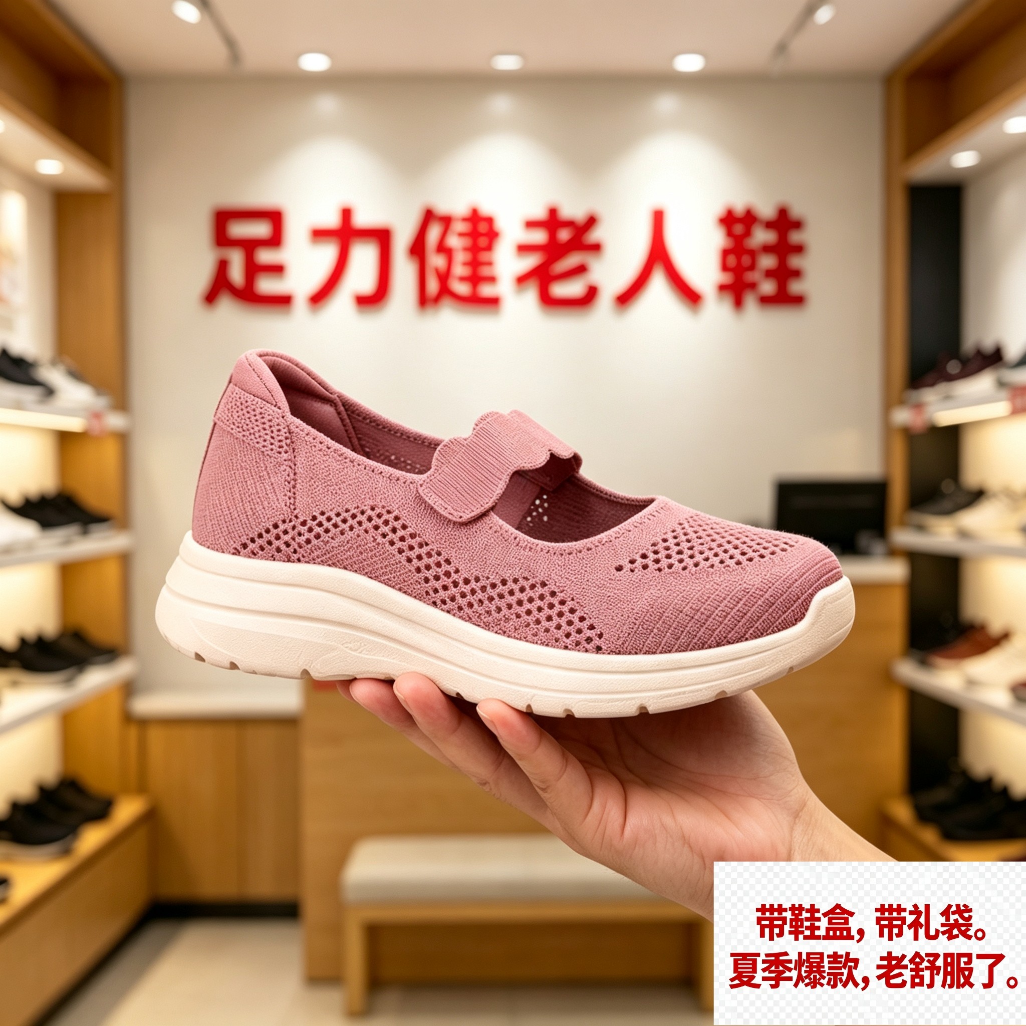 【专柜发货】足力健老人鞋一脚蹬妈妈鞋夏季透气轻便软弹