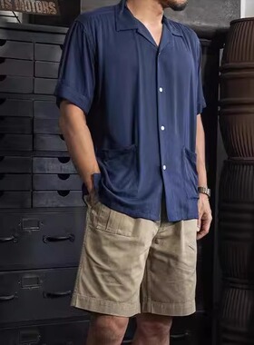 NON STOCK RAYON人造丝素色夏威夷短袖衬衫度假古巴领半袖衬衣男