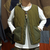 秋冬新款 日系复古夹棉加厚工装 马甲多口袋宽松绗棉保暖拼接马夹男