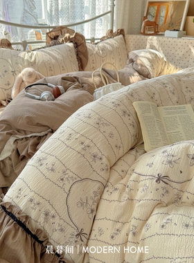 复古法式田园花边床上四件套纯棉全棉新款被套床单床笠床品三件套