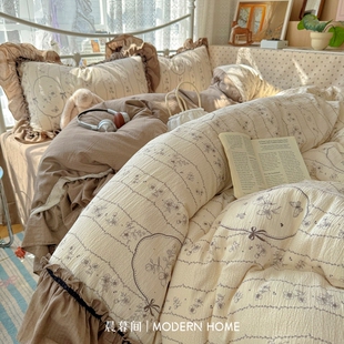 复古法式田园花边床上四件套纯棉全棉新款被套床单床笠床品三件套