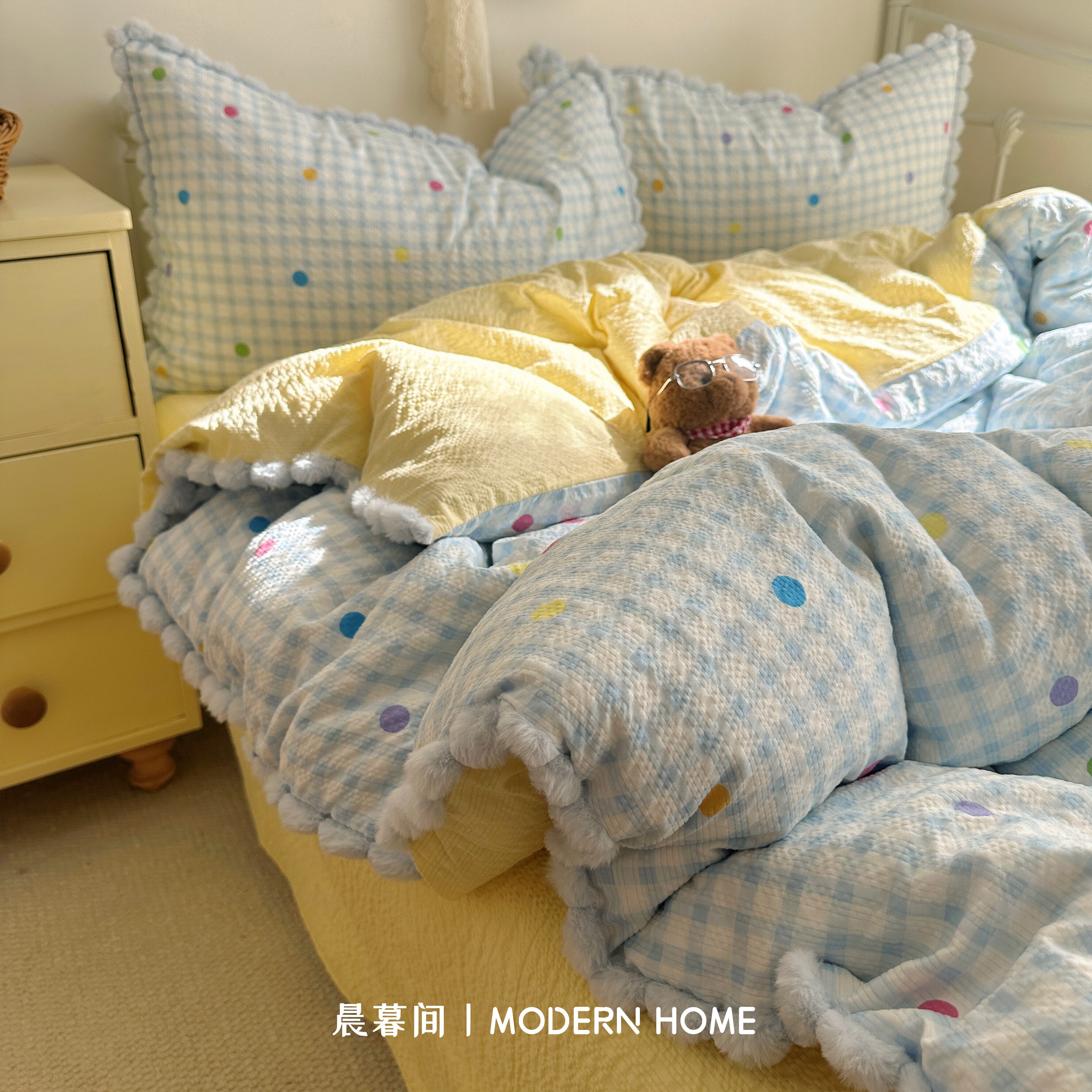毛球边床上四件套纯棉全棉2026新款床单被套罩学生宿舍床品三件套