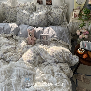 法式 花边床上四件套纯棉全棉被罩床笠被套床裙高级宿舍床单三件套