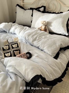 ins风床上用品四件套纯棉全棉蝴蝶结花边被套床单床笠宿舍三件套4