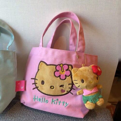 黑皮凯蒂猫新款帆布kitty通勤刺绣包便携拎包外出撞色手提小包包