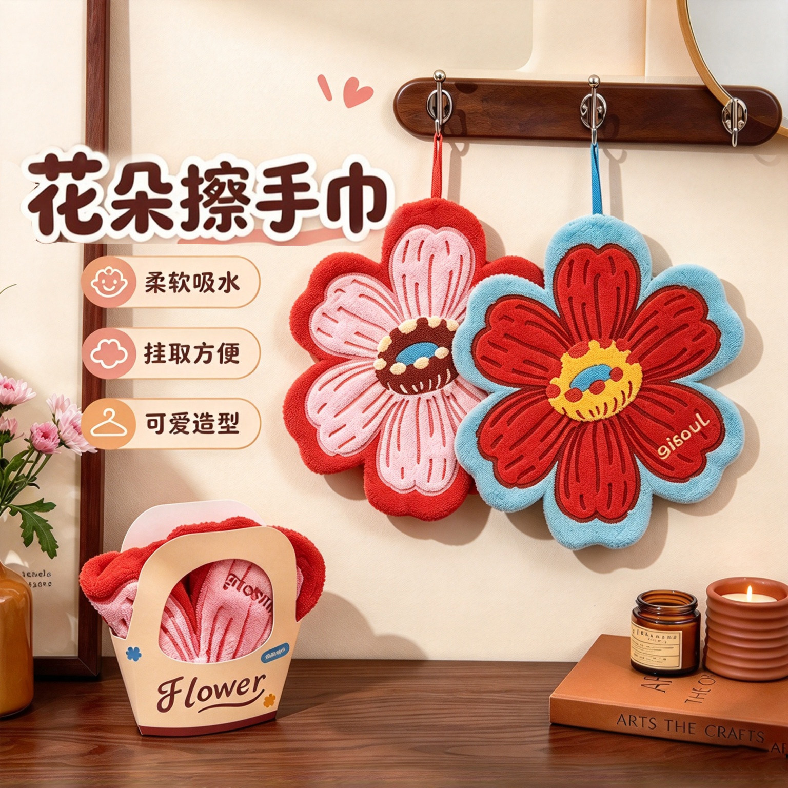 新款花朵擦手巾挂式强吸水加厚加大擦手布厨房卫生间擦手毛巾