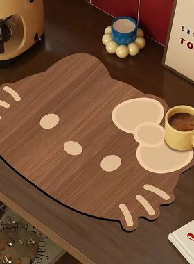 高颜值Kitty猫木纹沥水垫硅藻泥吸水防滑易打理餐桌防烫隔热桌垫