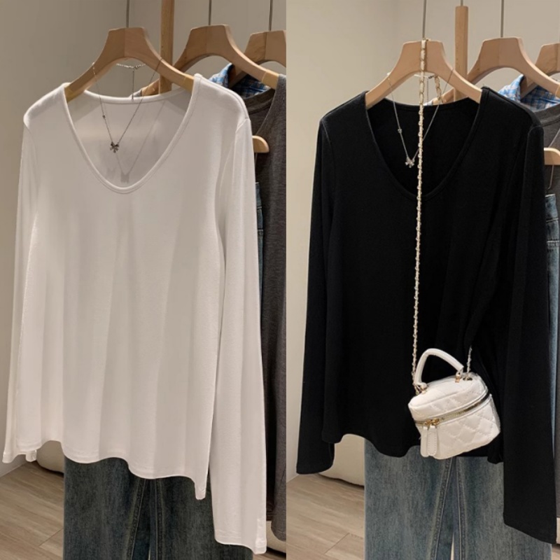 正肩长袖大v领白色春秋款2024休闲慵懒宽松百搭显瘦上衣女白色t恤
