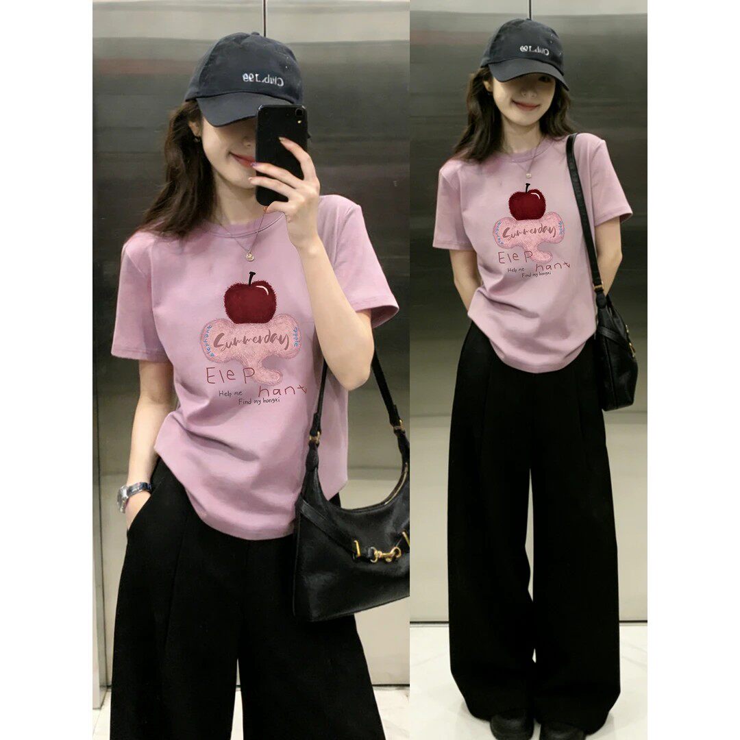 小象印花正肩短袖T恤女弹力棉