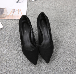 社交女鞋时尚黑色绒面真皮细中面试高跟鞋5cm性感尖头职业单鞋女