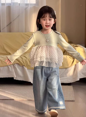 阿宝家韩版女童波点网纱拼接上衣儿童小清新打底衫公主蓬蓬裙上衣